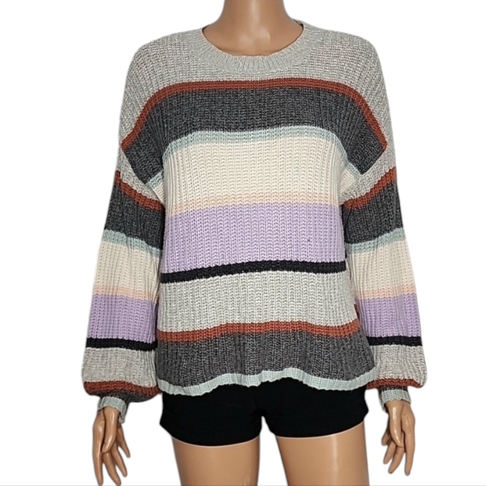 American Eagle Size S Small Semi Cropped Sweater‎ Long Sleeve Grey Purple Stripe